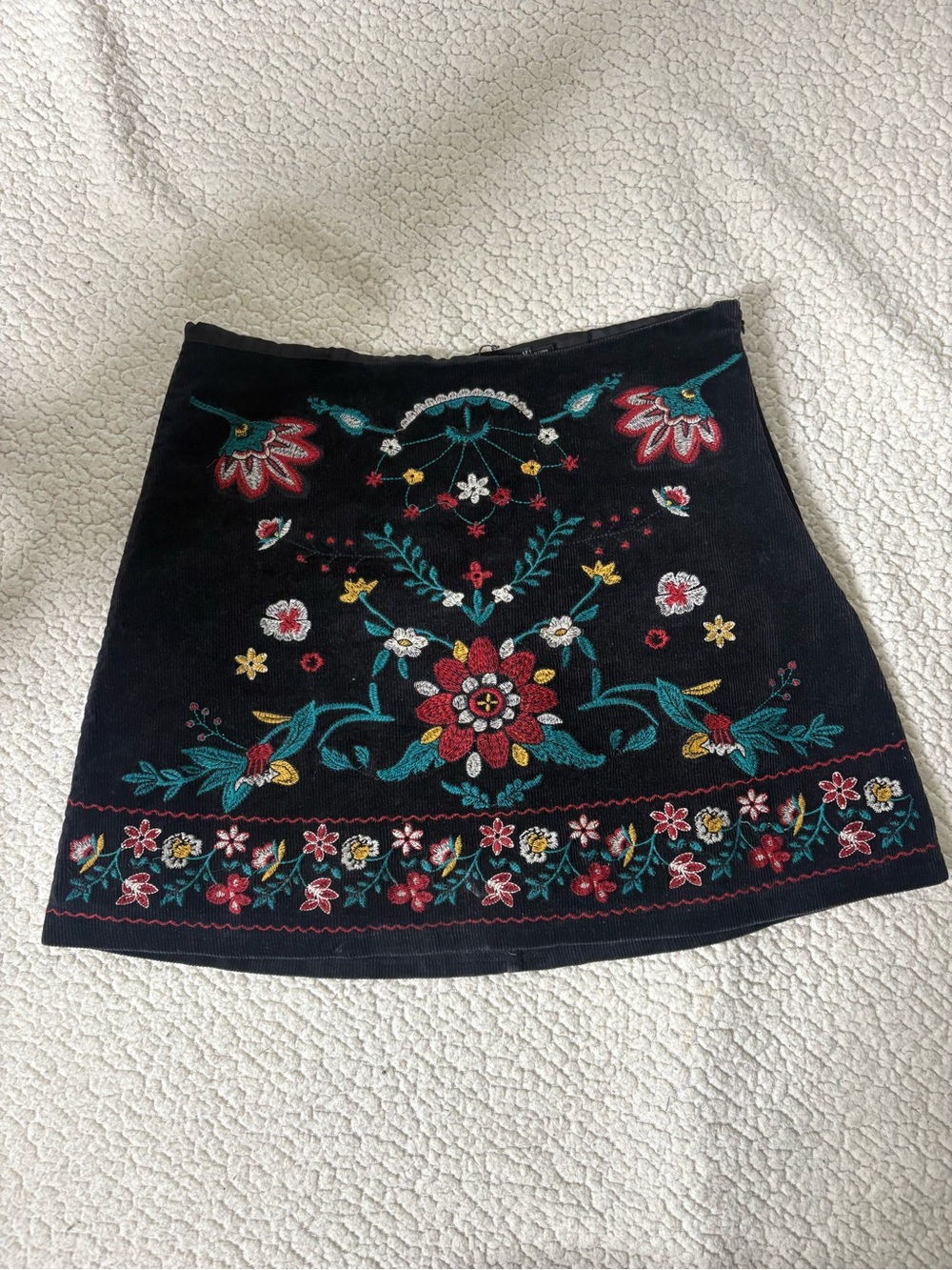 Blu Pepper Black Mini Skirt with Multicolor Floral Embroidery